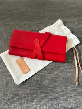 Pure Leather Studio Red Leather/Wood Long Wallet / Travel Case Tie Closure